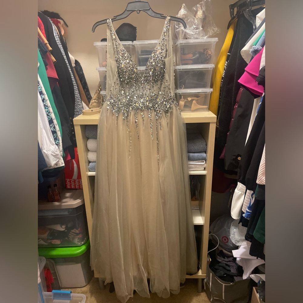 Champagne bejeweled prom dress